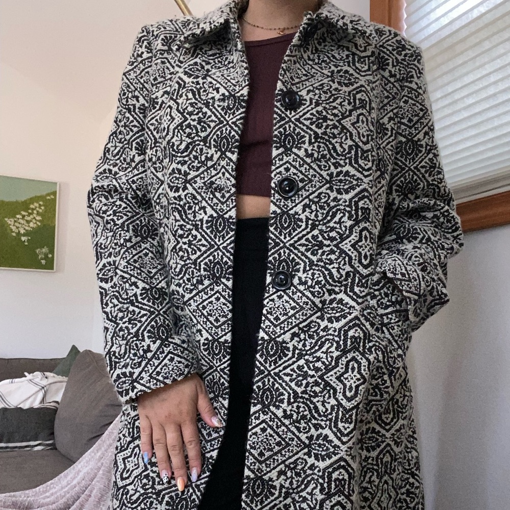 Black and white graphic print Wool Coat